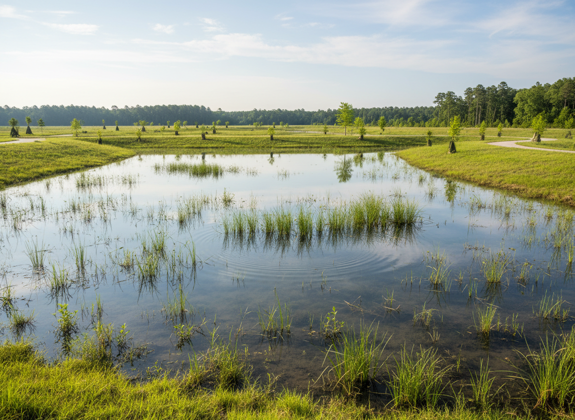 A panoramic photographic scene of a Southern wetland restoration area, featuring a broad, shallow expanse of clear water dotted with emergent vegetation, including cattails and native grasses. Reclaimed banks slope gently upward into grassy buffers and small clusters of young hardwood trees. The water mirrors a partly cloudy sky, with soft mid-morning sunlight creating crisp reflections and subtle ripples. Shot from a slightly elevated, wide-angle perspective with sharp focus throughout, the composition guides the eye from foreground water and reeds into the diverse, recovering landscape beyond. The mood is serene and confident, highlighting ecological resilience and careful planning. The aesthetic is clean, modern, and professional, demonstrating effective land management and long-term environmental investment.