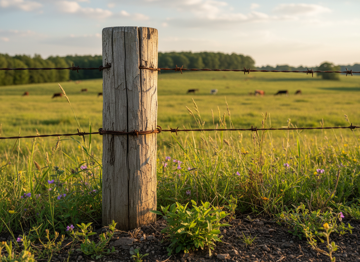 A detailed photographic close-up of a weathered wooden fence post at the edge of a Southern pasture, its grain worn smooth at the top and cracked along the sides, wrapped with taut, rust-touched wire. At the base, native grasses, small wildflowers, and a few sprouting seedlings grow in rich, dark soil, suggesting renewal at the boundary of managed land. The background shows a softly blurred expanse of rolling pasture and a distant, tree-covered hill under warm, late-afternoon sunlight. Captured from a slightly low angle with a shallow depth of field, the composition centers the fence post as a symbol of legacy, boundaries, and stewardship. The mood is reflective and steady, with natural, subdued tones and clean photographic realism.