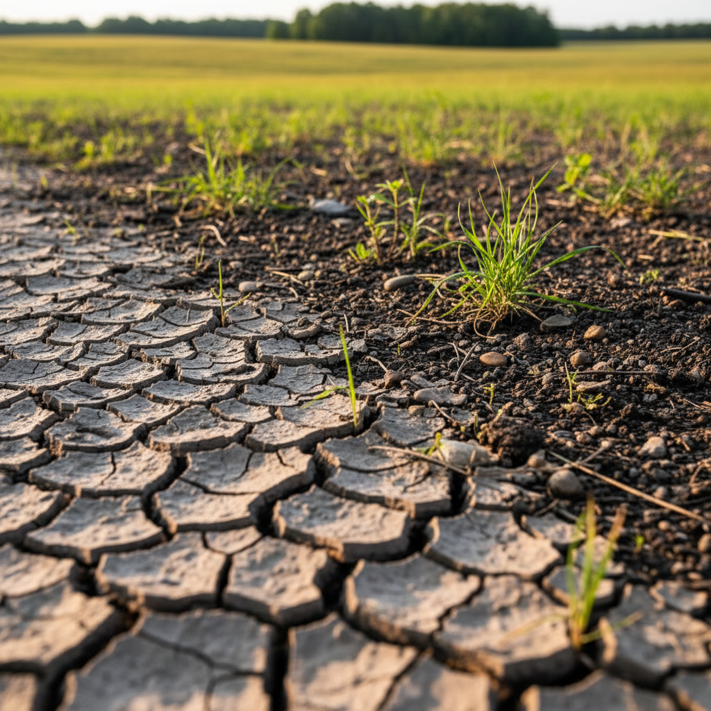 A close, eye-level photographic view of resilient Southern soil and new growth: cracked, sunbaked earth transitioning into dark, rehabilitated soil where native grasses and small saplings are taking root. Fine details of soil texture, pebbles, and emerging green blades are sharply in focus, while the background of softly blurred pasture and distant tree line fades into warm, diffused afternoon light. The composition uses a shallow depth of field and low angle to place the viewer at ground level, emphasizing transformation and renewal. The mood is quietly optimistic and grounded, with natural, earthy colors and clean, documentary-style realism that reflects careful land management and long-term restoration.