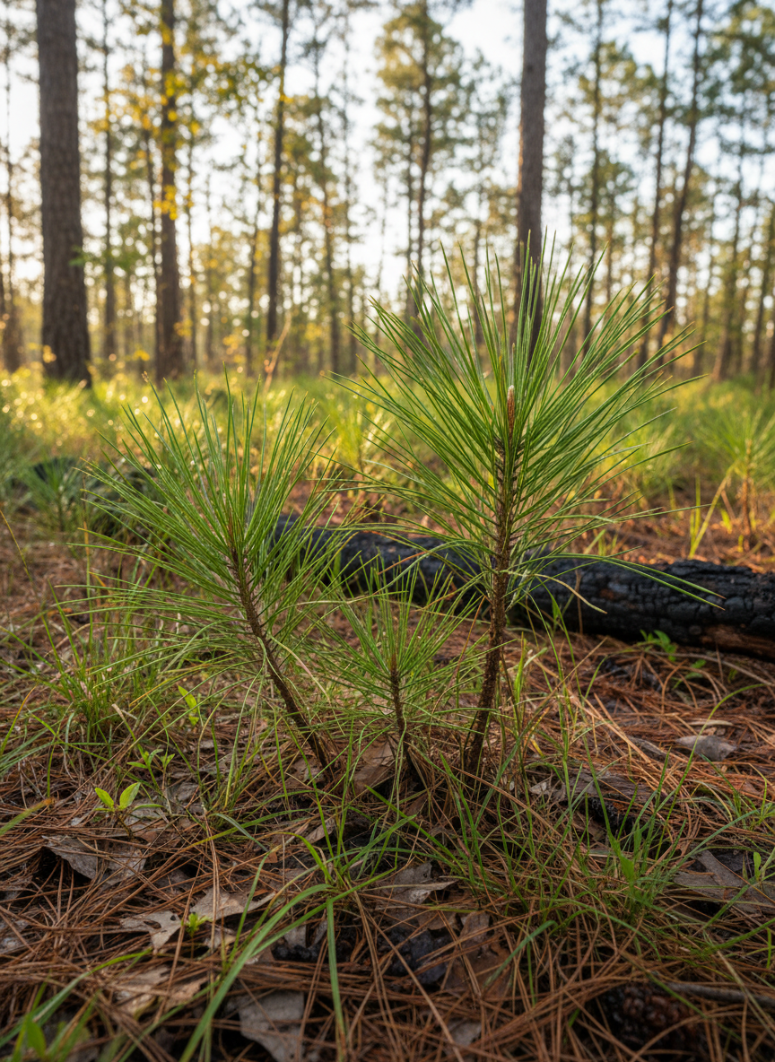 A photographic close-up of robust native longleaf pine seedlings and understory grasses thriving in a restored Southern woodland, their slender green needles and flexible stems catching warm, dappled morning light that filters through a high canopy. The forest floor shows a healthy mix of pine straw, leaf litter, and patches of dark, moist soil, with a few charred but healing logs indicating past prescribed fire. The focus is sharp on the foreground seedlings, gradually softening into a gentle bokeh of trunks and foliage. Framed from a low angle at ground level, the composition highlights resilience and regeneration. The atmosphere is calm and hopeful, with natural greens and warm browns rendered in clean, photographic realism that reflects science-based land management.