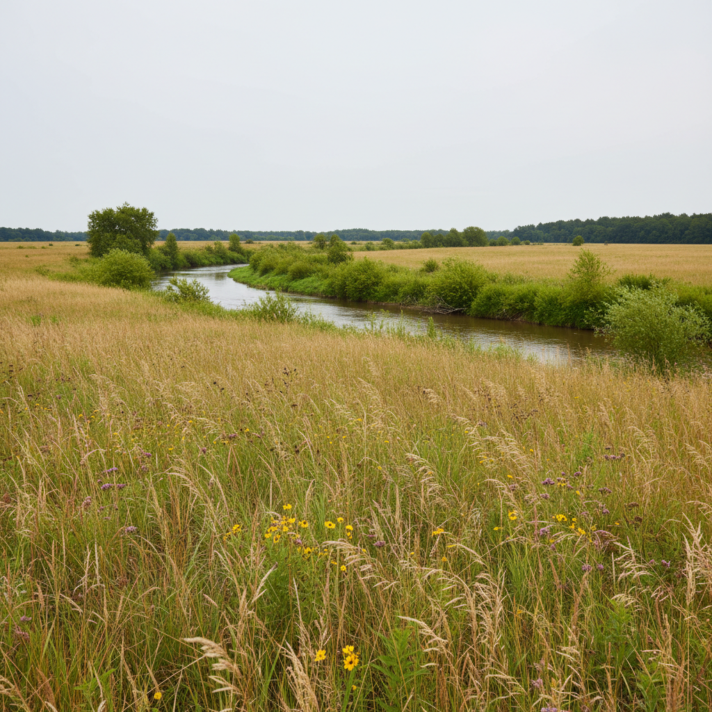 A meticulously restored Southern field captured in photographic realism, with native warm-season grasses swaying in a gentle breeze, interspersed with small flowering plants that add subtle touches of muted yellow and purple. In the midground, a narrow, meandering riparian buffer frames a clear, slow-moving creek bordered by shrubs and young trees. The scene is lit by soft, overcast daylight that evenly illuminates textures and colors, minimizing harsh shadows. Framed using the rule of thirds from a slightly elevated angle, the image balances open sky, diverse vegetation, and water. The atmosphere feels calm, resilient, and purposeful, conveying responsible land stewardship and ecological health in a clean, modern, professional style suitable for a conservation-focused nonprofit.