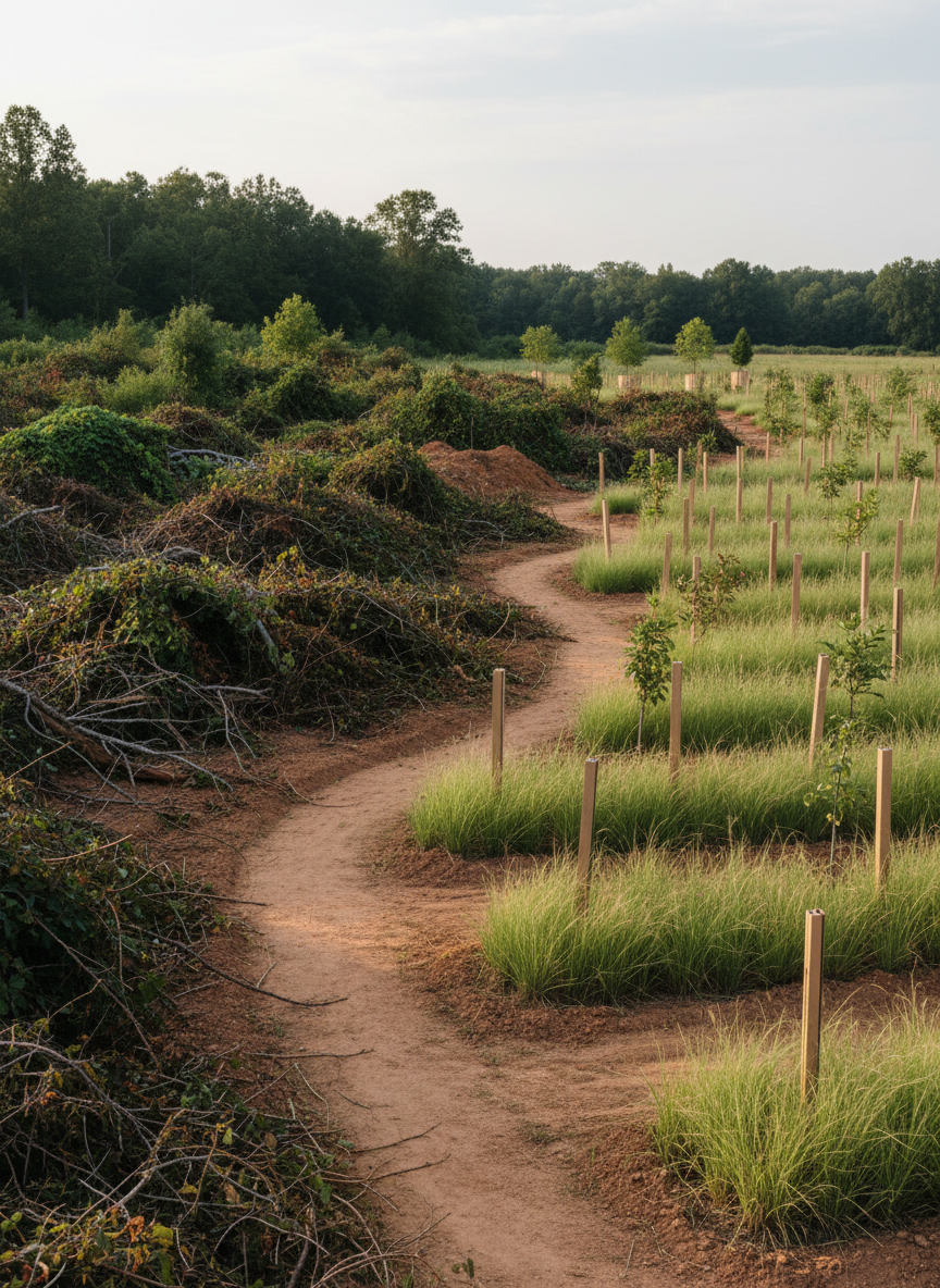 A photographic, carefully composed view of an overgrown Southern parcel transitioning through restoration: one side shows tangled brush, invasive weeds, and eroded bare patches, while the other reveals newly planted native grasses, erosion-control terraces, and young trees protected by slender, neutral-colored guards. A subtle, curved path of compacted earth guides the eye between the two zones. Late-afternoon light filters through thin cloud cover, creating balanced, soft illumination and muted shadows. Captured from an eye-level perspective with moderate depth of field, this image emphasizes contrast and progress without feeling harsh. The mood is pragmatic yet hopeful, showcasing the tangible impact of strategic land management and the reclaiming of neglected ground into a resilient, productive landscape.