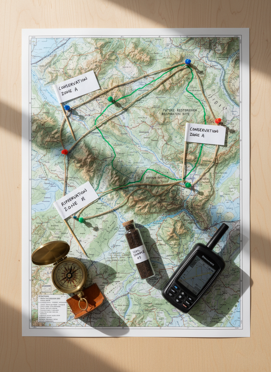 A detailed overhead photographic view of a land management planning table, with a large, unfolded topographic map of a Southern region spread across a clean, neutral wooden surface. Colored pins, biodegradable twine lines, and neatly labeled field markers indicate conservation zones, riparian buffers, and future restoration sites. A well-used metal compass, a rugged GPS device, and a soil sample vial with rich, dark earth inside rest on the map, all neatly arranged. Soft, diffused window light from one side creates gentle shadows and highlights fine map textures and contours. Shot from a straight-down bird’s-eye angle with sharp focus and a clean, modern composition, the mood is analytical, organized, and purposeful, reinforcing professional, strategic stewardship of land and legacy.