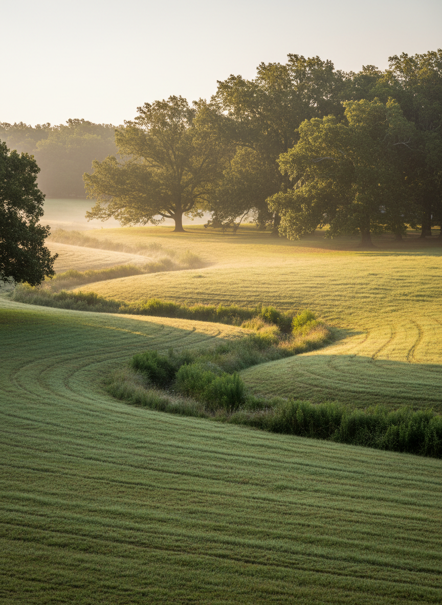 A serene, photographic scene of a preserved Southern family homestead landscape, with an open, gently sloping pasture leading toward a mature grove of oaks and magnolias surrounding an unseen, implied home site beyond the frame. The pasture shows signs of careful rotational grazing, with evenly clipped grasses and intact, vegetated stream buffers. Early morning fog lingers lightly near the low areas, while soft, golden sunlight breaks through, illuminating dew on the grass and highlighting the strong silhouettes of trees. Shot from an eye-level perspective with wide-angle framing and crisp detail, the composition feels spacious yet intimate. The mood is dignified and enduring, emphasizing land as legacy and the quiet strength of long-term, thoughtful stewardship, rendered in clean, natural photographic realism.