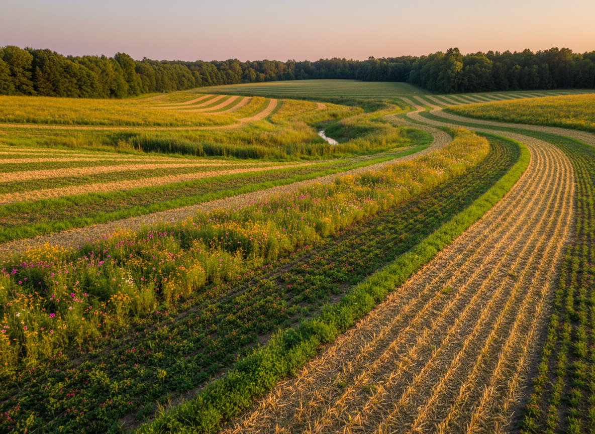 A high-resolution, photographic image of a Southern agricultural field in transition to regenerative practices: neat, alternating strips of cover crops, flowering pollinator habitat, and residue from a previous harvest create a textured, multicolored pattern across gently rolling terrain. Small, clearly defined grassed waterways run through the field, directing potential runoff into a vegetated drainage swale in the distance. Warm, low-angle evening light grazes the crop rows, emphasizing texture and contour while casting long, soft shadows. Captured from a slightly elevated side angle using the rule of thirds, the composition draws the eye along the field’s curves toward a tree-lined horizon. The mood is forward-looking and methodical, mirroring professional, data-informed land management that rebuilds soil health and family legacies.